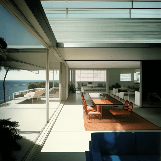 AI generated: Hyper realistic eye level exterior photo of a mid century modern style house overlooking the ocean, ...