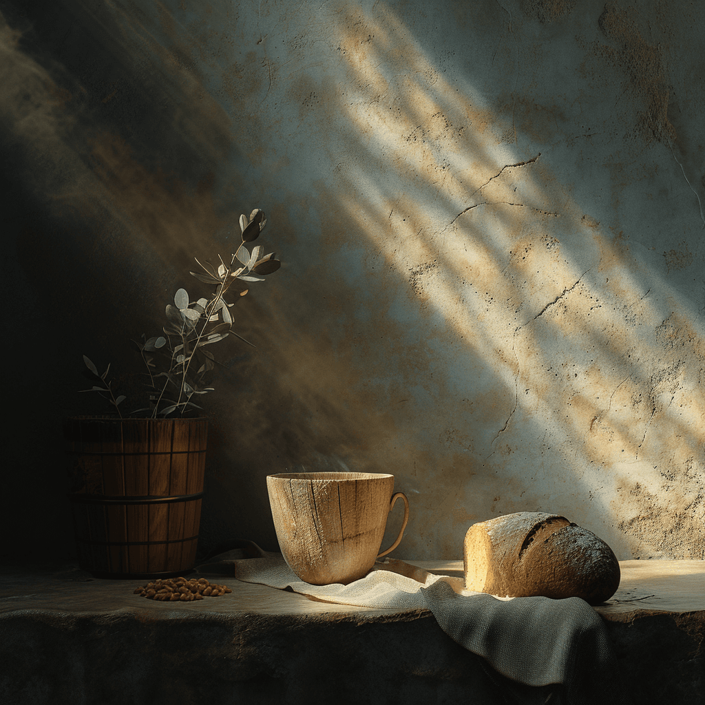 AI generated: Holy Supper, ancient scene, image of a wooden Cup next to an Ancient Bread, from the time of Jesus, ...
