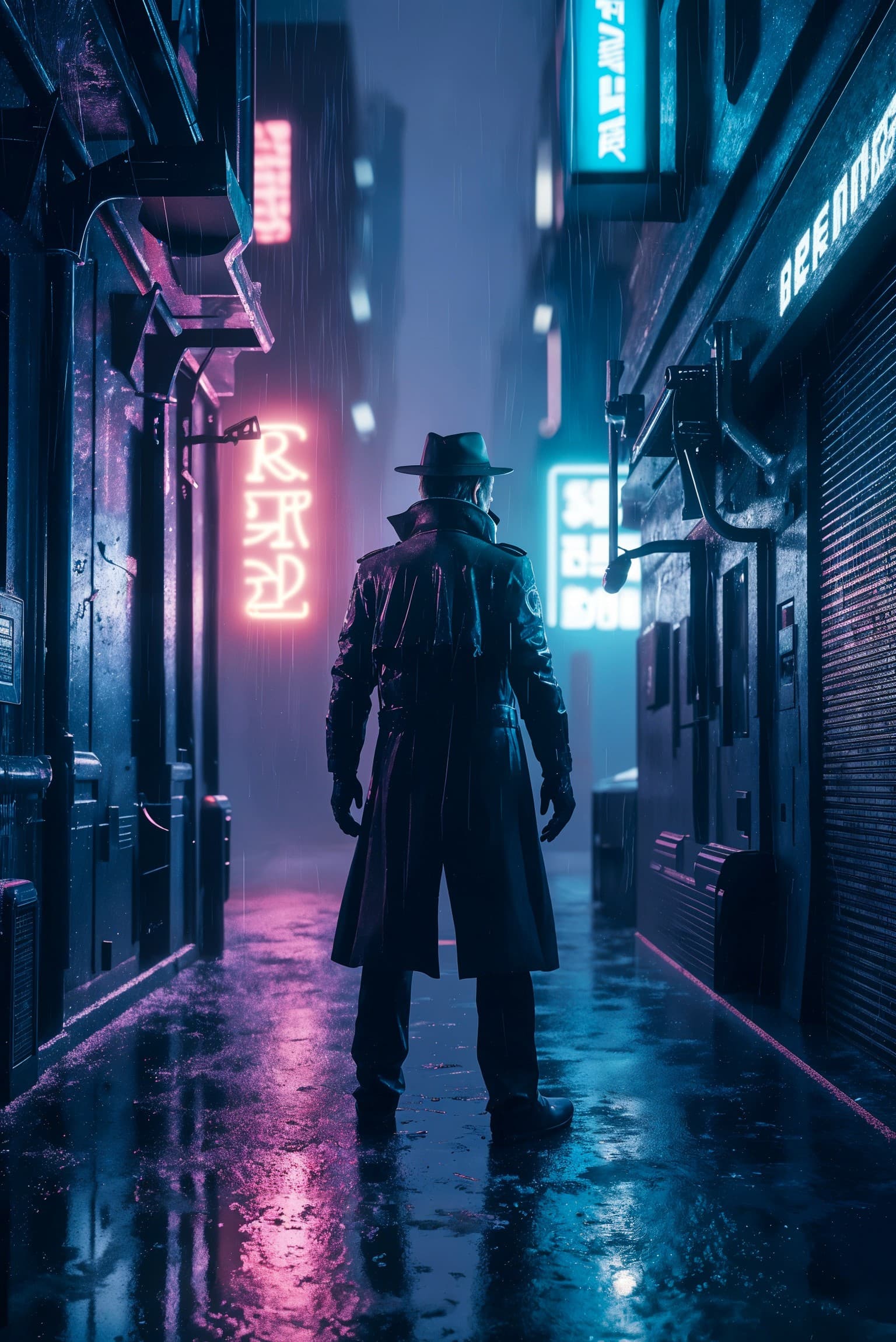 AI generated: An ultra-detailed, high DPI (300+ DPI) 3D render of a cyberpunk detective in a rain-soaked neon alle...