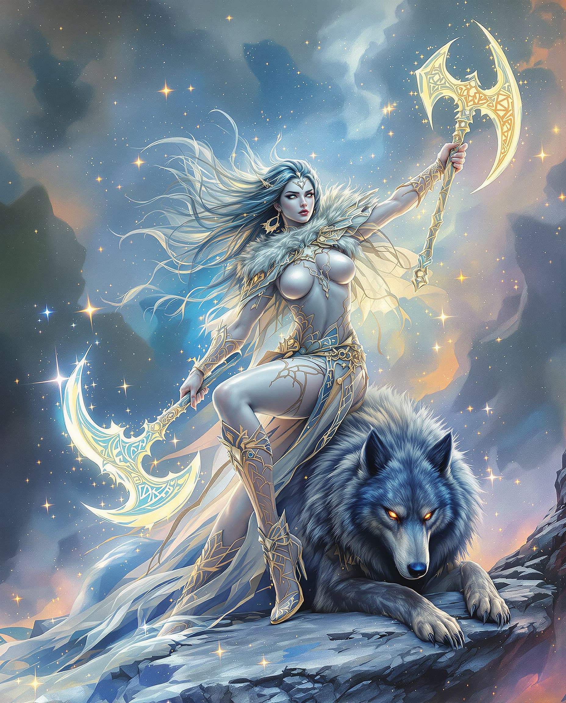 AI generated: Full-length masterpiece, ghostly phantasmal primordial stunning beautiful perfect female Viking form...