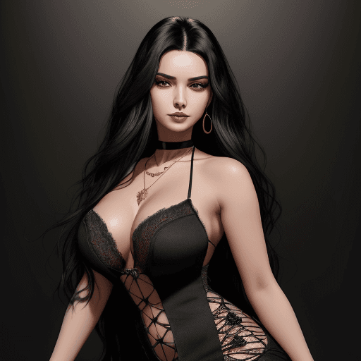 AI generated: A woman in a frontal pose with long, voluminous black hair, wearing a low-cut black dress with lace ...