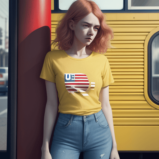 AI generated: a woman wearing a yellow t-shirt with the legend USA in red and jeans standing in front of the bus s...
