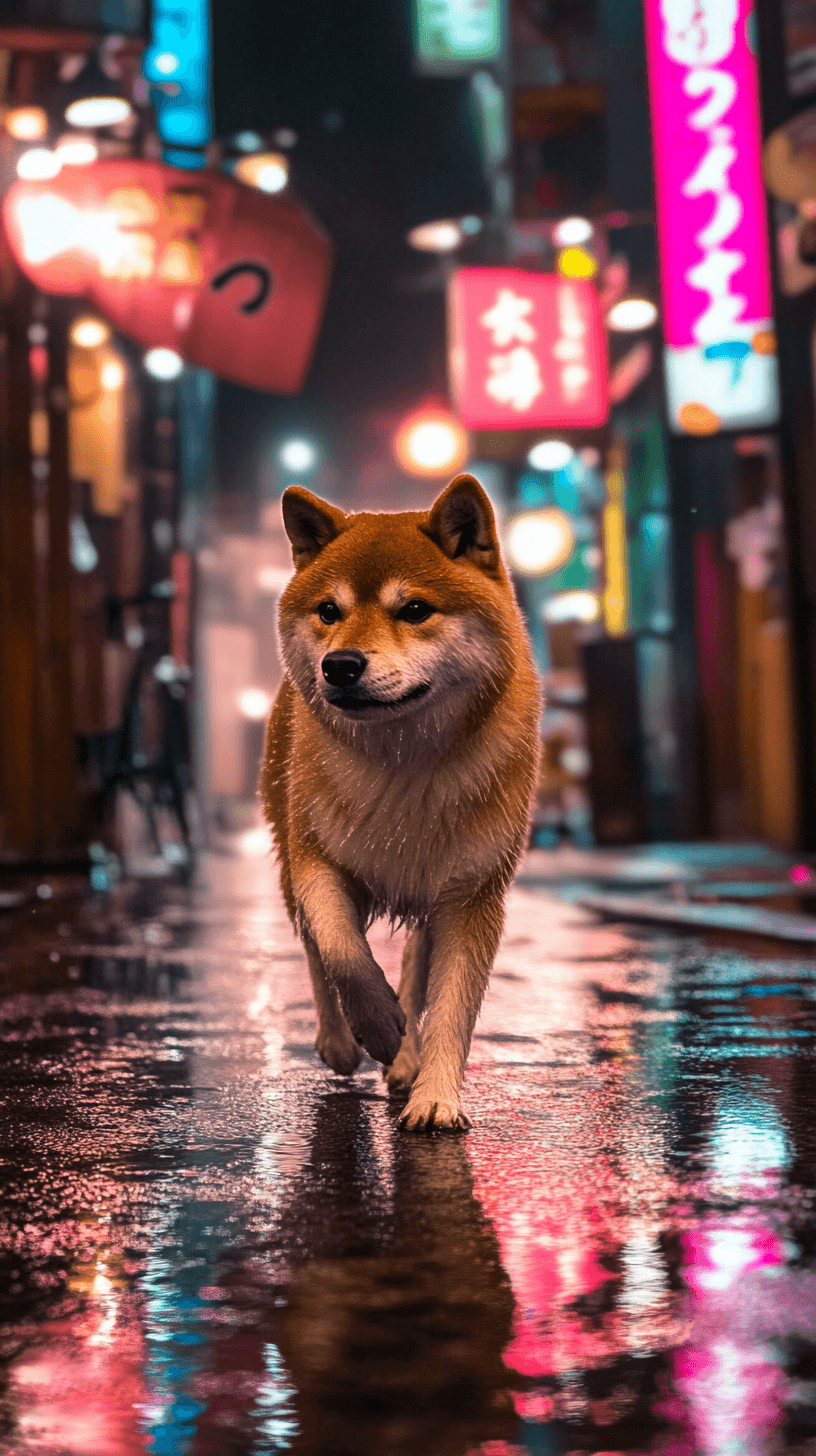 AI generated: A highly detailed, ultra-realistic [dog] trotting determinedly through the rain-slicked streets of [...