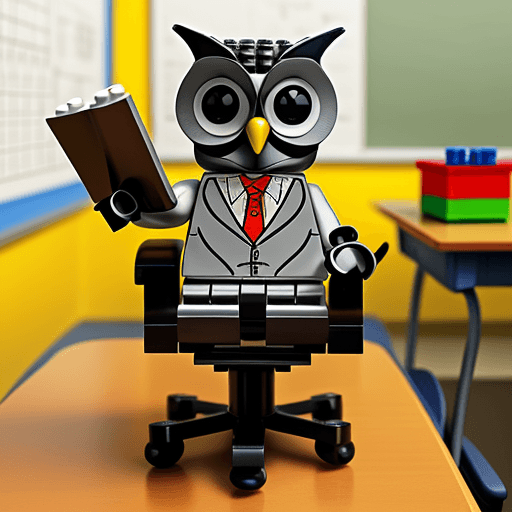 AI generated: a  teacher's owl sit on classroomchair all parts will be created by lego full body