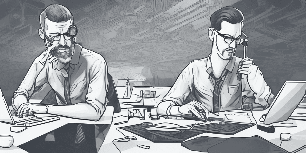 AI generated: A monochromatic vector illustration of one software developer working on a laptop while sitting at a...
