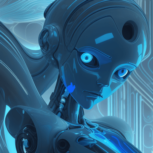 AI generated:  robot girl in blue colors, in the style of hyperrealistic environments, colorful biomorphic forms, ...