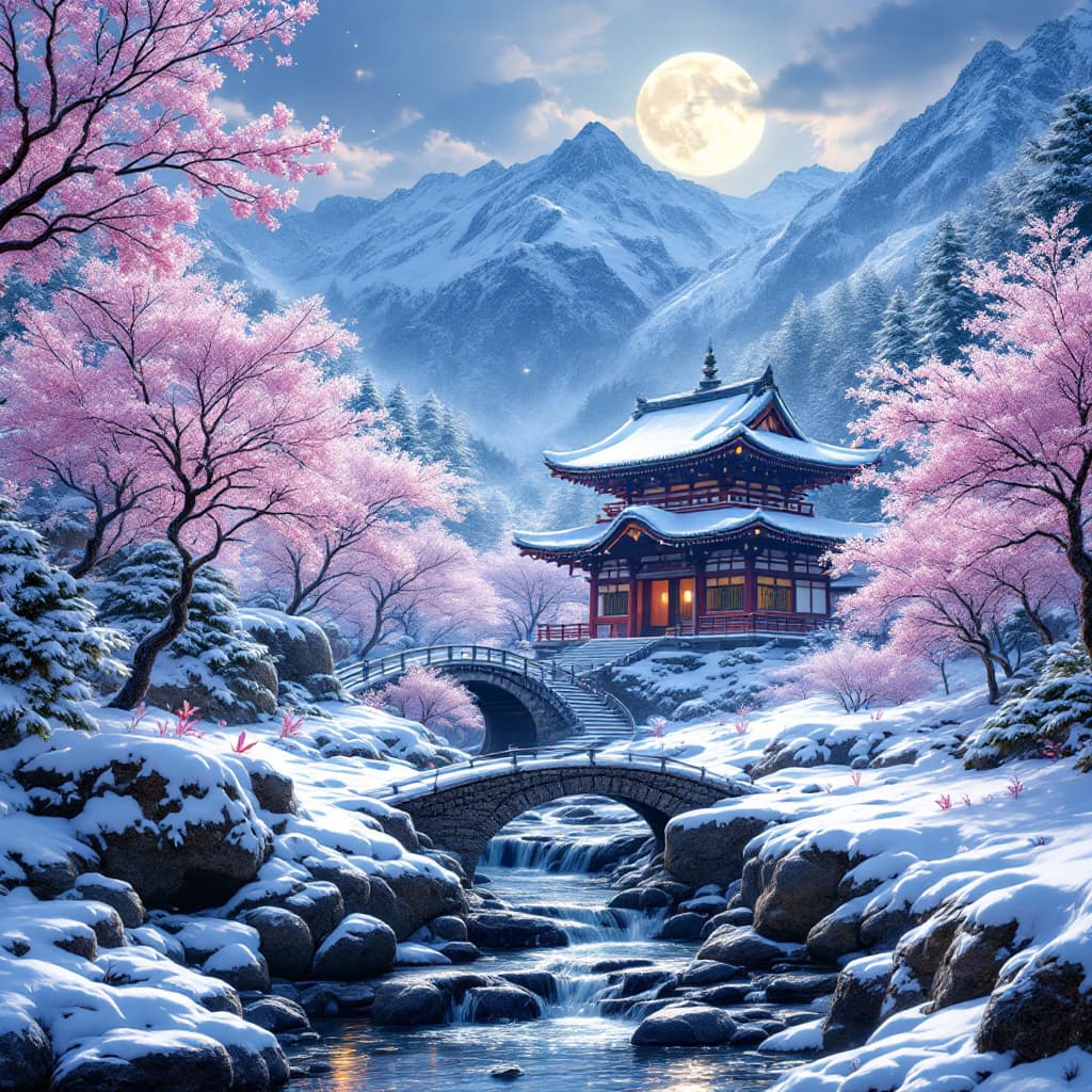 AI generated: A hyper realistic, panoramic scene of a snowy forest temple hidden away in mountains somewhere in Ja...