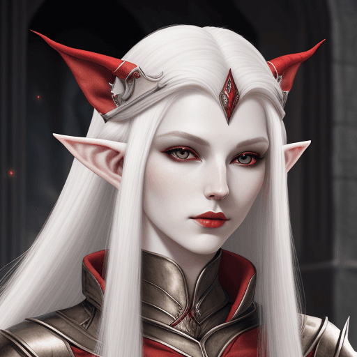 AI generated: Altmer elf woman, white long hair, pale skin,  beautiful, pointy short ears, red eyes, NO horns, maj...