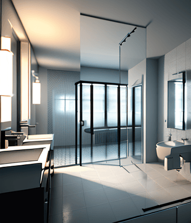AI generated: a view of a bathroom inside an apartment, large space with double height and glass shower and a larg...