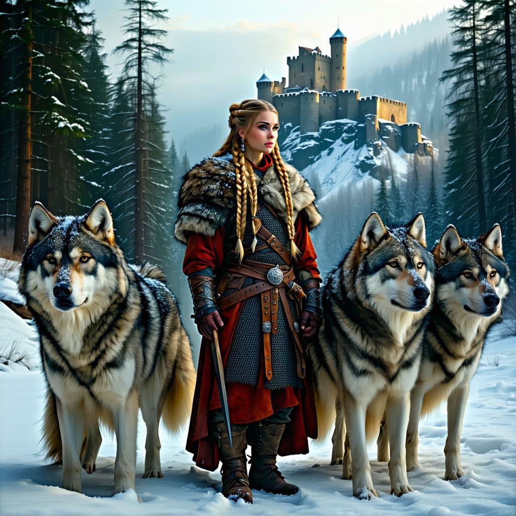 AI generated: A Viking warrior woman with long golden braids, dressed in intricately detailed fur and leather armo...