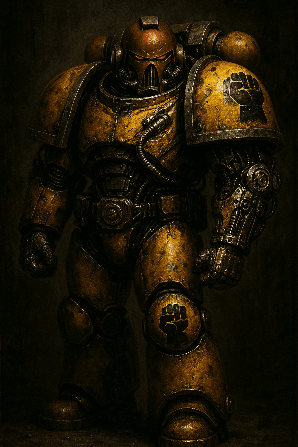 AI generated: Create a hyper-detailed illustration of an Iron Fists Space Warrior in grimdark style. The warrior w...