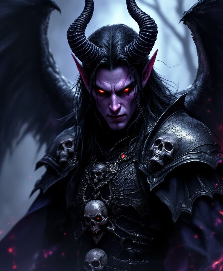 AI generated: His skin dark  purple, eyes burning red, fangs like vampire. with Demon influences and Angel like tr...