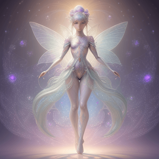 AI generated: Full body, Small highly detailed incorporeal fairy made of silvery light, Bokeh pollen specs multico...