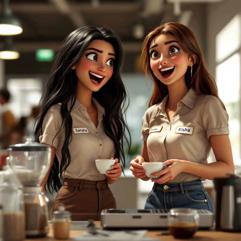 AI generated: two extremely excited, spanish young ladies, the one with long black hair is taller than the other l...
