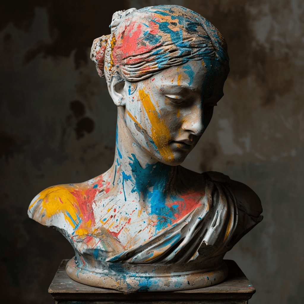 AI generated: An old marble bust sculpture splattered with colorful paint --v 6.0