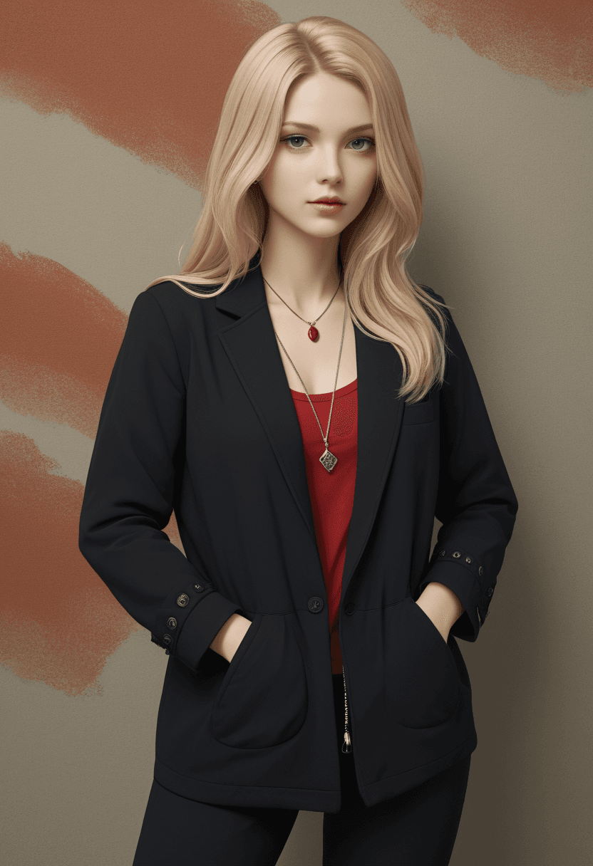 AI generated: concept art Stylized portrait of a woman with long blonde hair,black lace bralette,black jacket,hand...