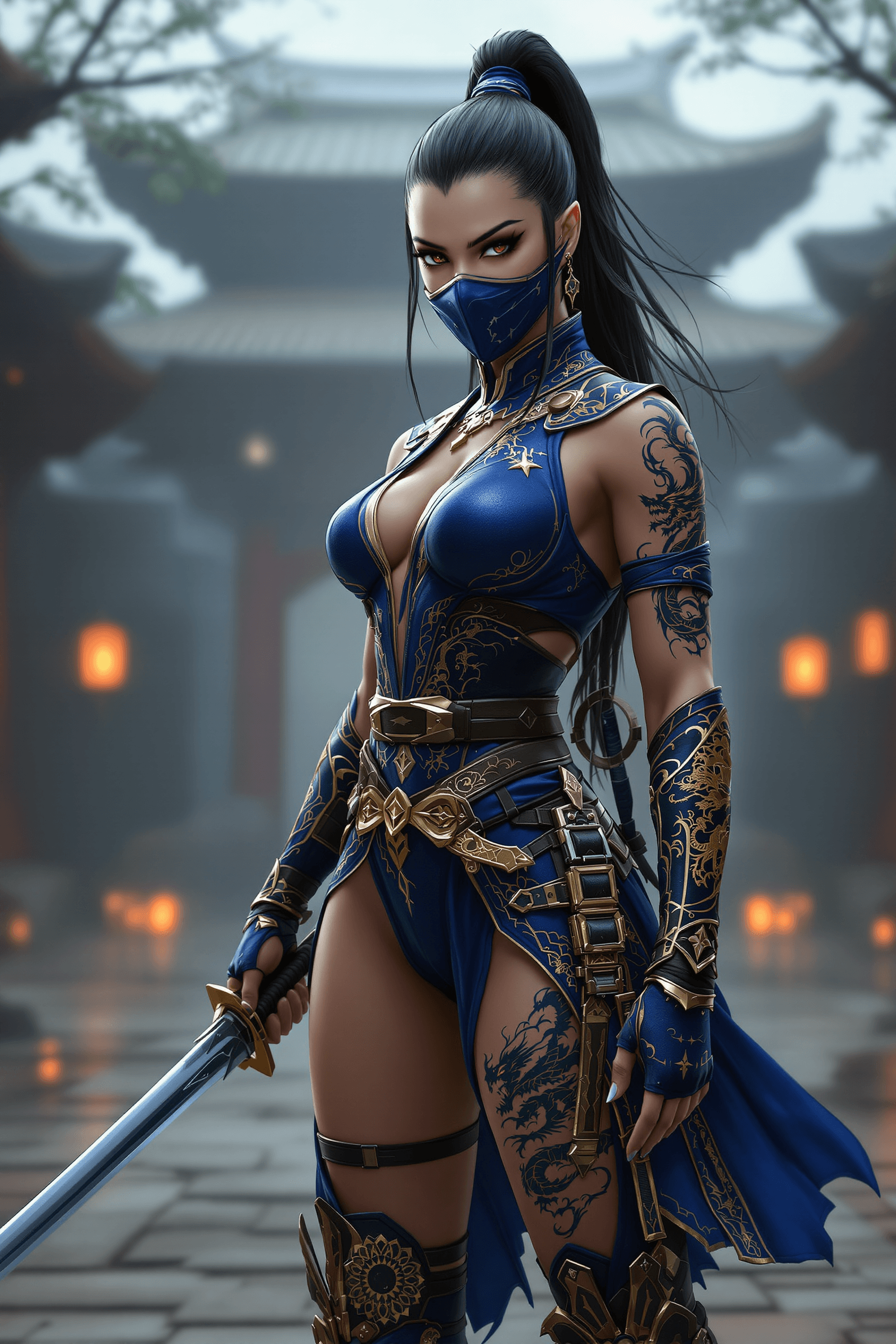 AI generated: An ultra-realistic, full-body portrait of Kitana from Mortal Kombat, standing in a strong, battle-re...