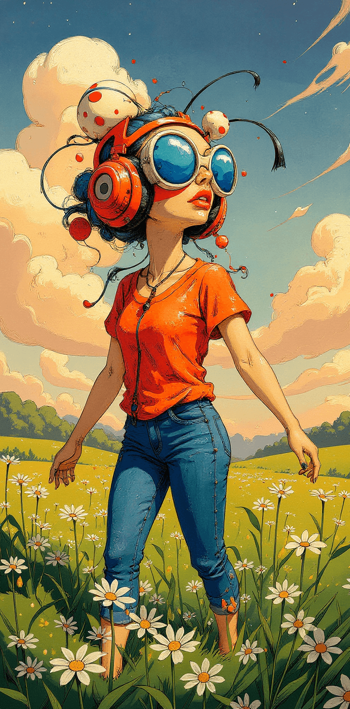 AI generated: People walking towards a wildflower meadow, with a futuristic-looking face, in the style of fantasti...