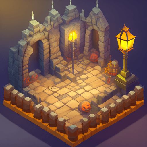 AI generated: evil dungeon halloween isometric 2. 5 d game level, myvmk, with detailed stone, clean, cartoon, lant...