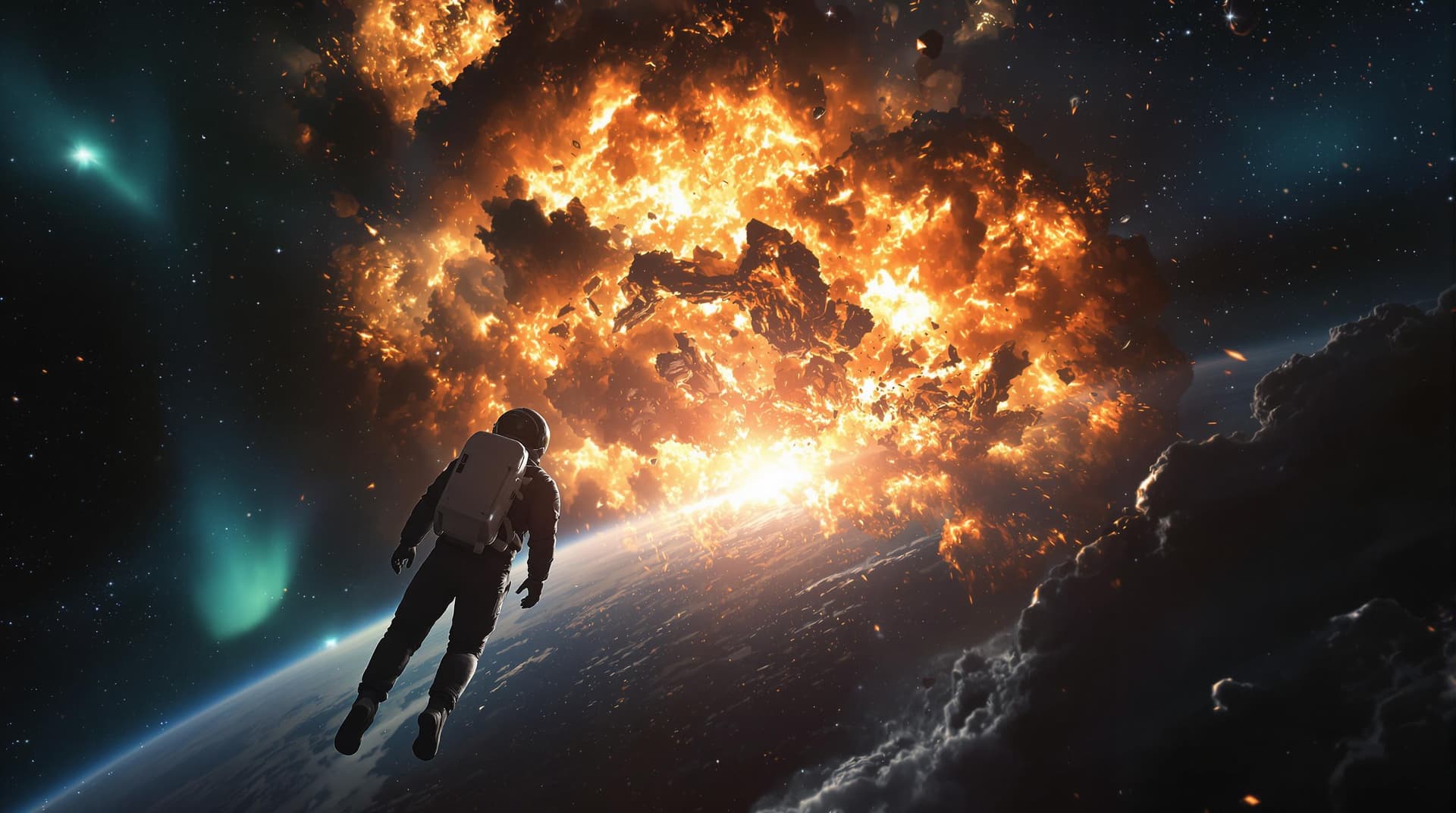 AI generated: portrait of man in space suit floating in space, sharp focus, realistic, hyper realistic, cinematic,...