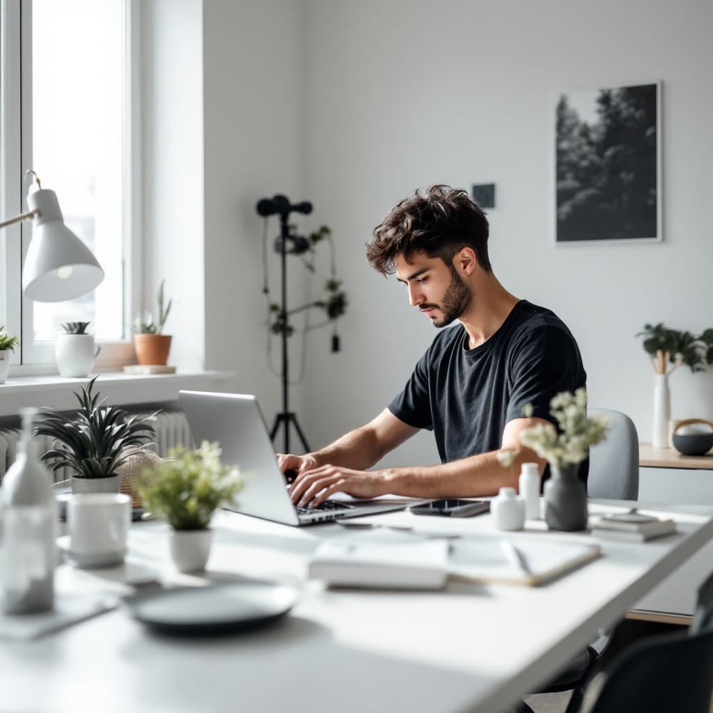 AI generated: modern, minimalist workspace, focused designer korea hansome young man at a white desk, surrounded b...