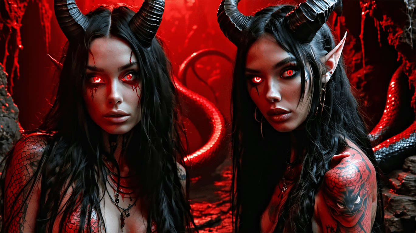 AI generated: Photoshoot book cover, full body shot, bottom view, low angle of two young beautiful women (Succubus...