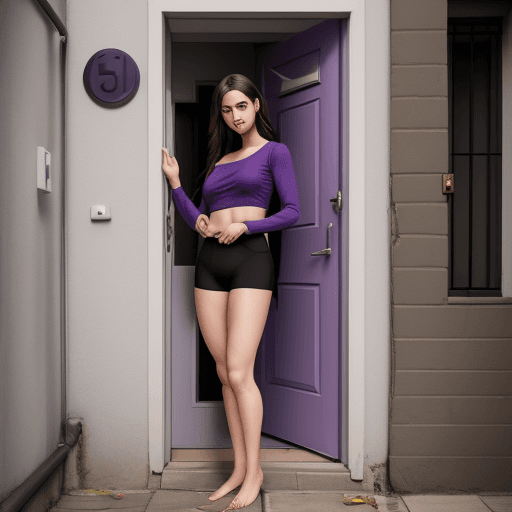 AI generated: woman model in a purple top in the doorstep of an apartment. a guy answering the door. full body com...