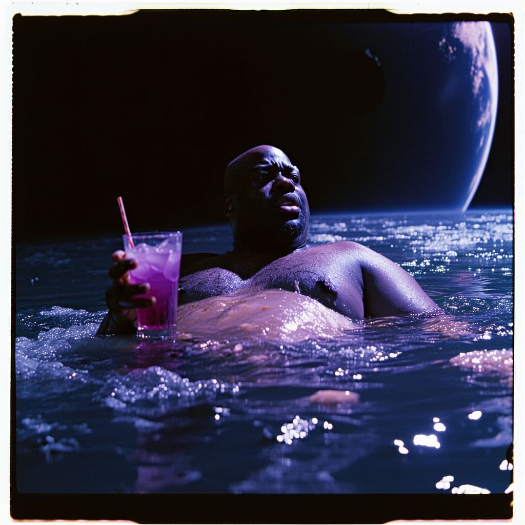 AI generated: grainy 80's photograph quality polaroid of big fat bald neurotic fearful black man floating into a b...