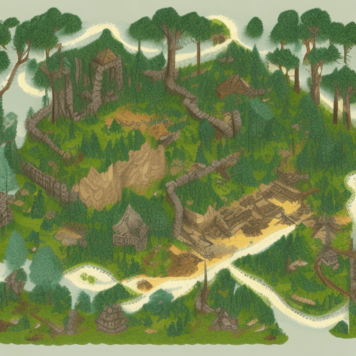 AI generated: Map for a isometric fantasy game of a collage surrounded by a Forrest 