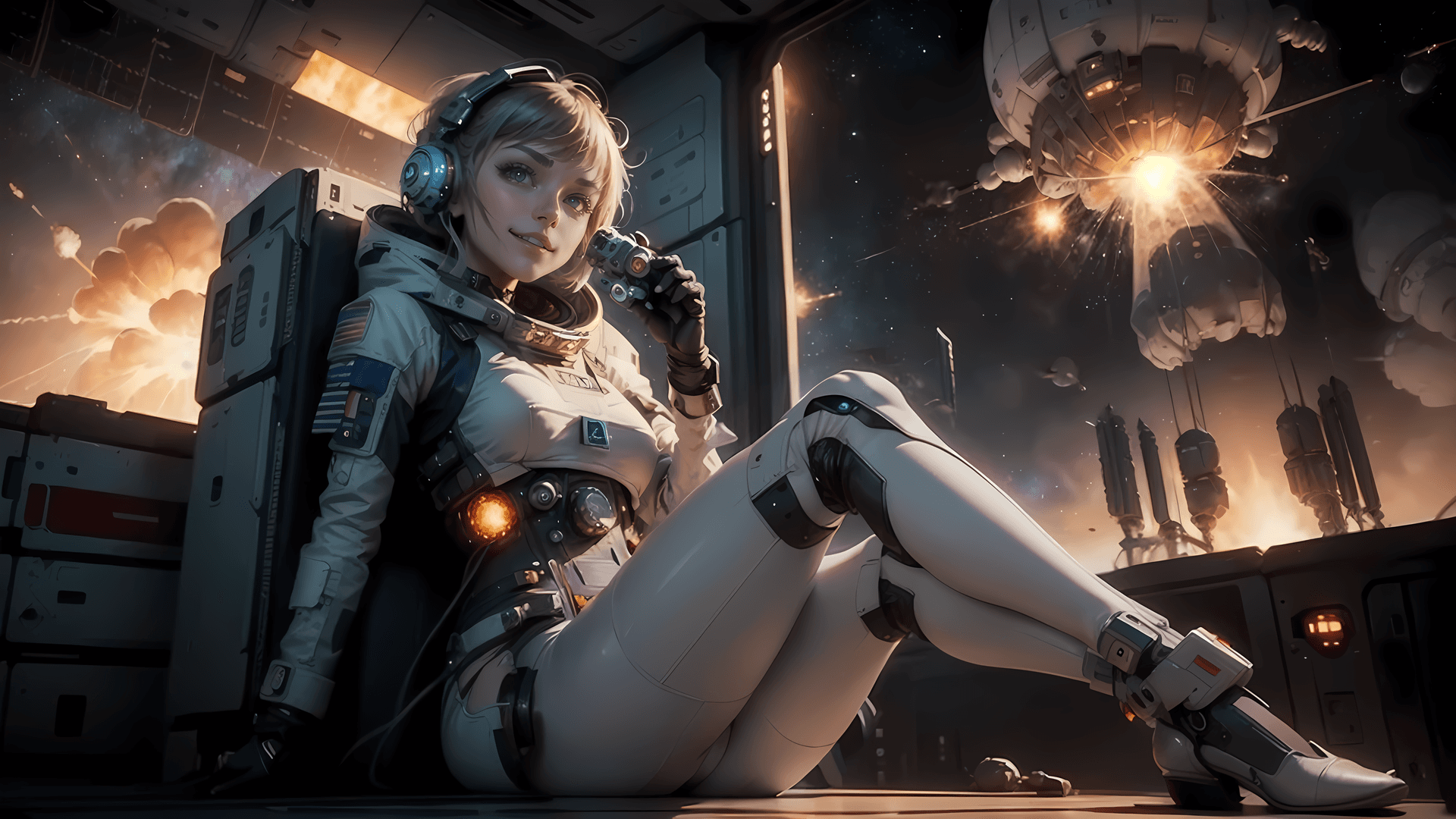 AI generated: two legs, white tight leggings, (legs crossed:1.2),(sfw:1.2), space station,mecha, <lora:cyber_20230...