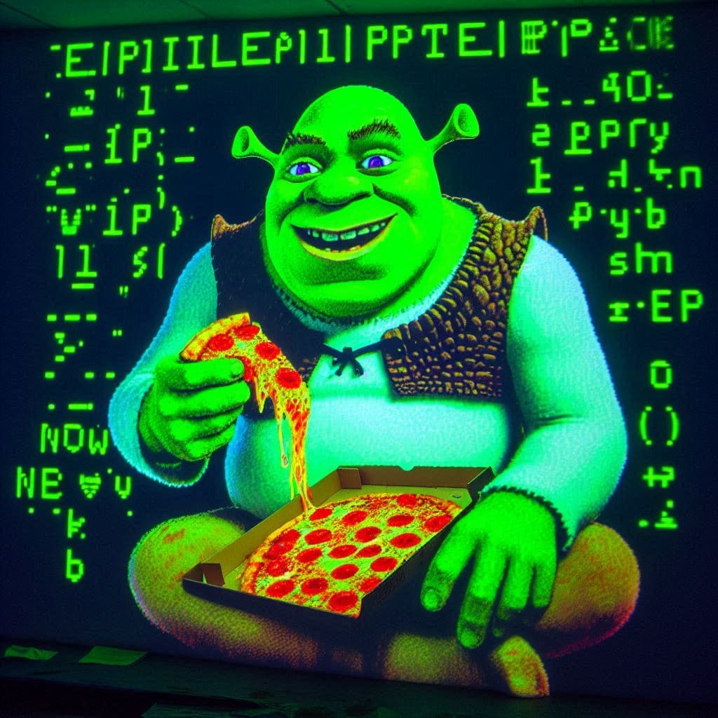 AI generated: Shrek está representado como caracteres ascii proyectado verde luminoso , está sentado comiendo pizz...