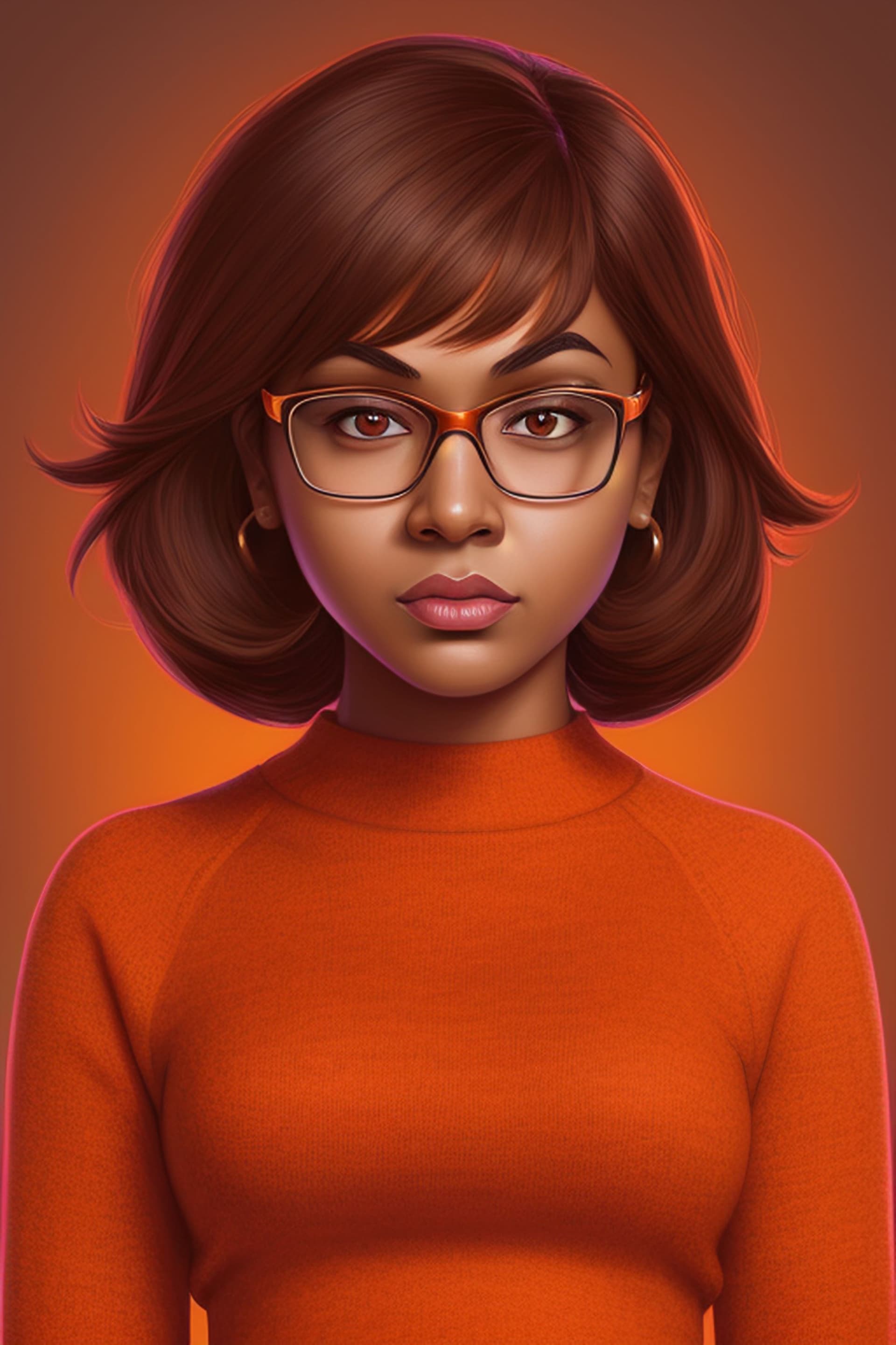 AI generated: brown skin tone, south Asian, Velma from scooby doo, portrait, orange sweater, sharp focus, digital ...