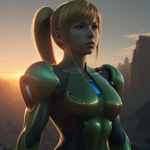 AI generated: Photo of a ultra realistic samus aran, dramatic light, pale sunrise, cinematic lighting, battered, l...