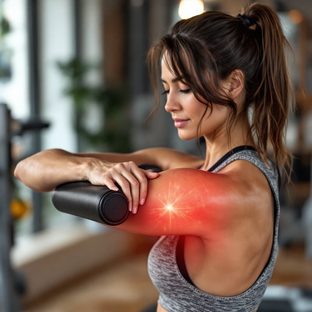 AI generated: a women in gym having arm pain using massage roller to release pain
