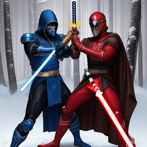AI generated: 
A tall black and blue ninja that looks like sub-zero with a white lightsaber and red belt versus a ...