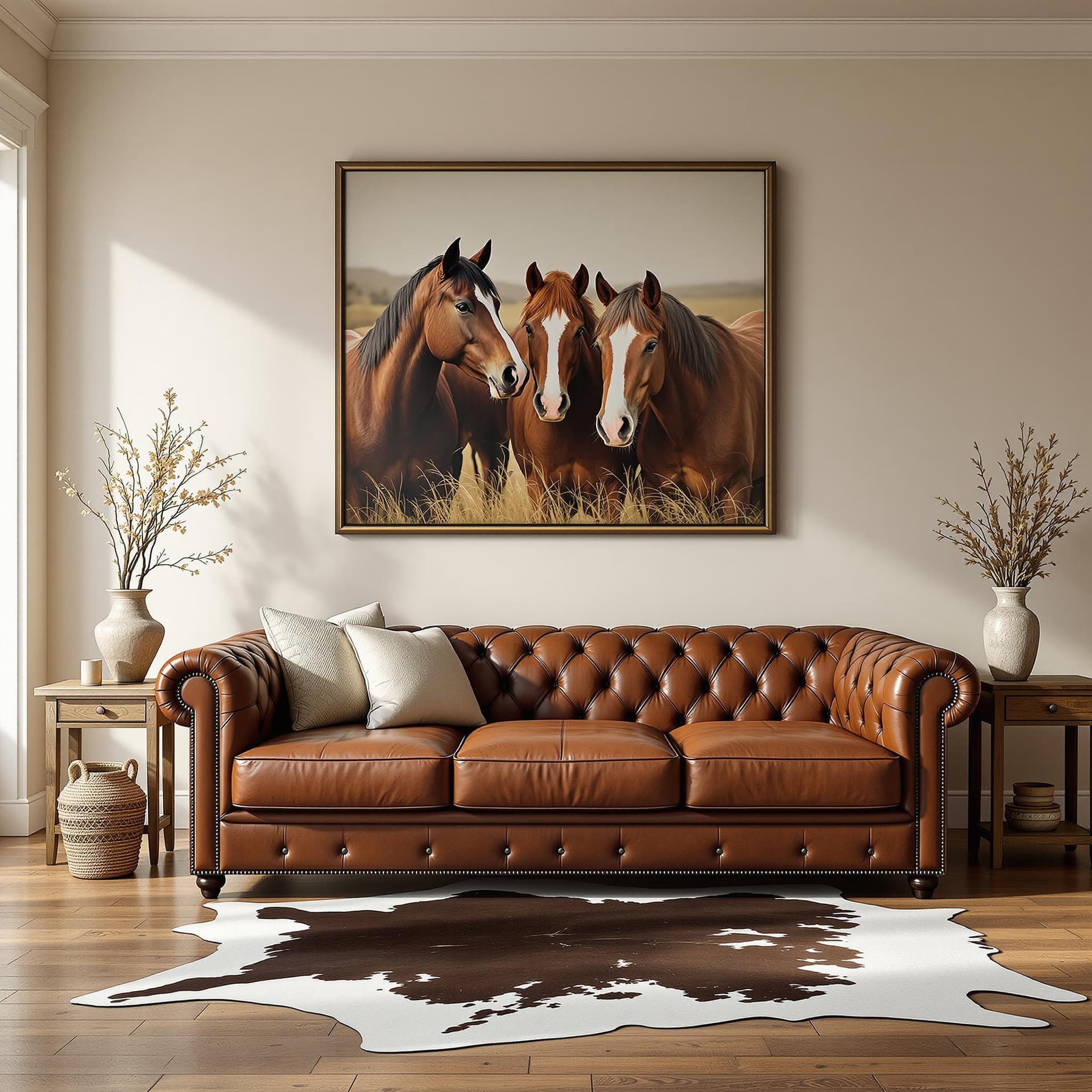 AI generated: photograph, comfy western living room, morning, wood floor, cowhide rug, horses portrait, including ...