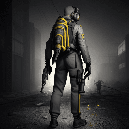 AI generated: Metrocope from half life 2, a man of medium build, a revolver in his hand, a white gas mask with glo...