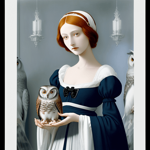 AI generated: images of woman with her owls, in the style of ethereal beauty, porcelain, dark white and light azur...