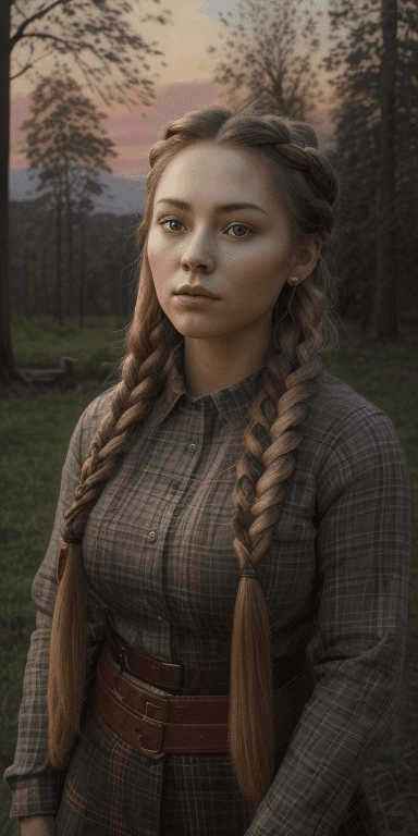AI generated: Portrait of a lumberjack woman with a large beautiful braid, wearing a fitted outfit. The scene is i...