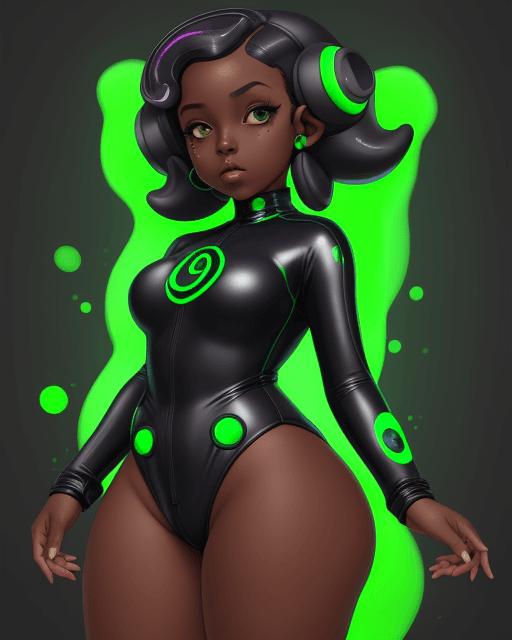 AI generated: octoling girl, adult, dark skin, thick thighs, splatoon, futuristic tech, hypnosis, hypnotized, leot...