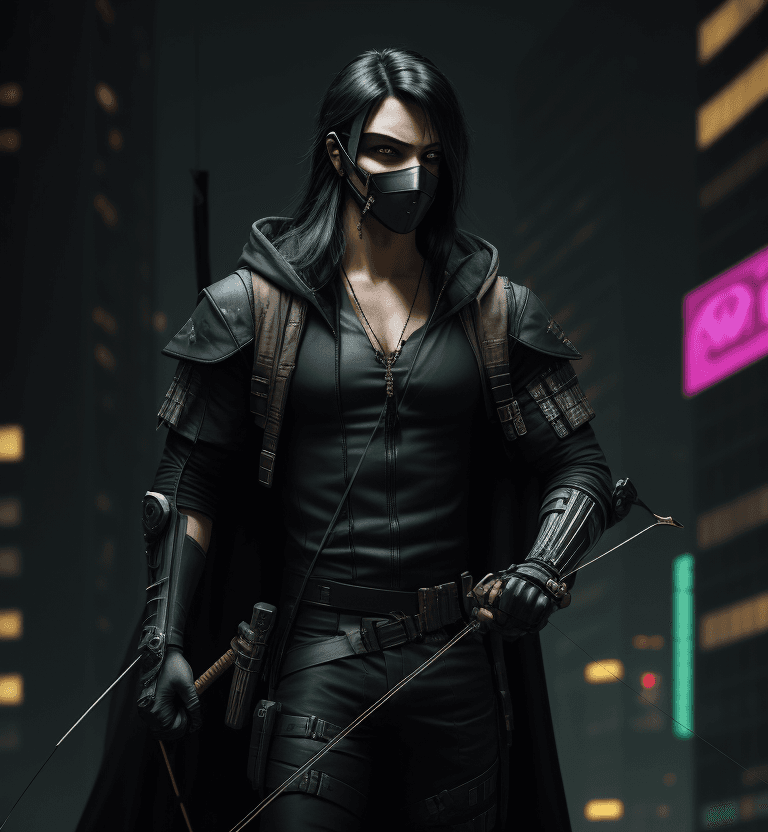 AI generated: Cyberpunk, robin hood, holding a composite bow, stylish, masked, dark clothes, black long hair, male...
