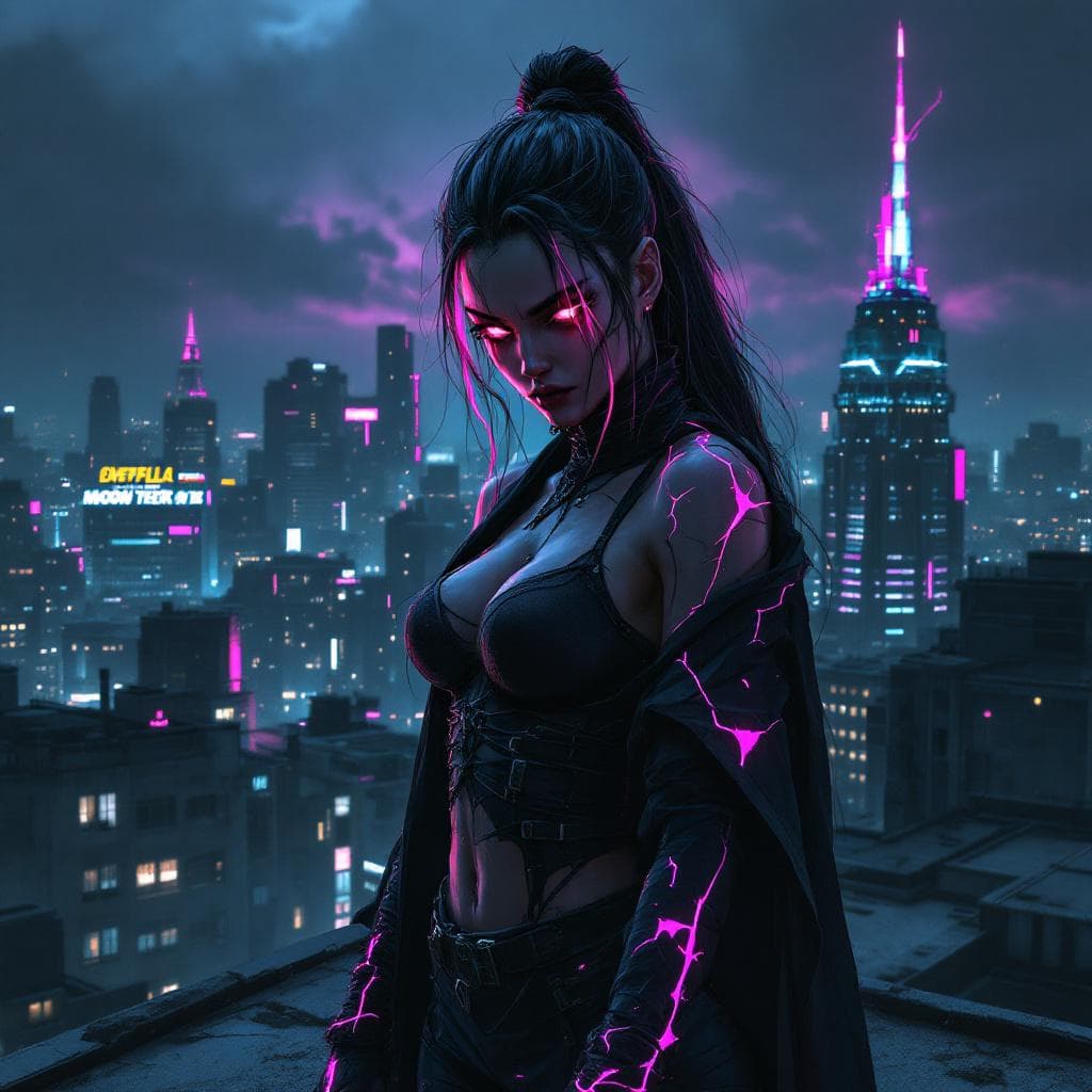 AI generated: best quality neonpunk style Digital artwork, concept art, a female ninja, standing on rooftop with a...