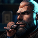 AI generated: a man smoking a cigar with a beard and a beard with glowing eyes on a shop with a waves crashing in ...