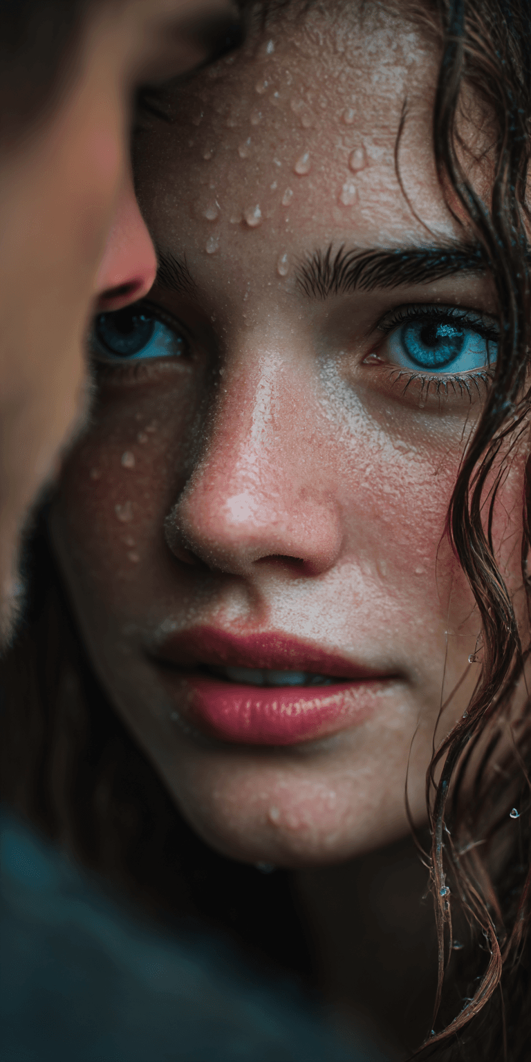 AI generated: A close-up portrait of an attractive woman with blue eyes, standing in the rain and looking at her b...