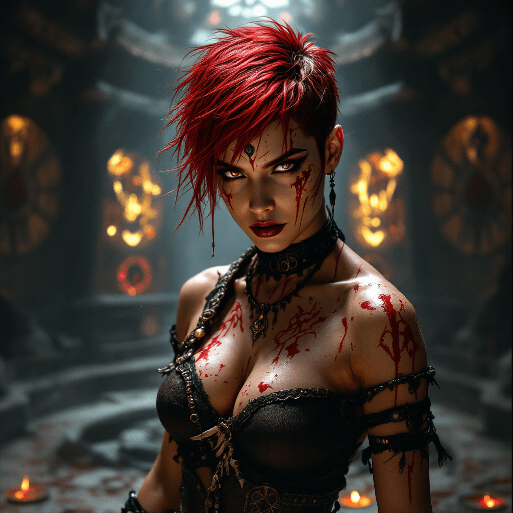 AI generated: The Blood Binder: A powerful woman with short, vibrant crimson hair, often styled in a practical way...