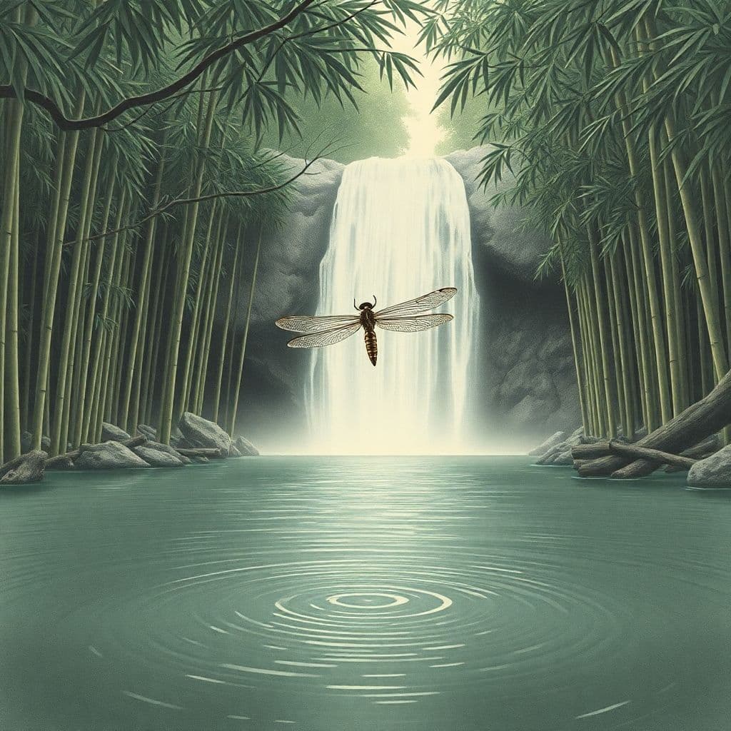 AI generated: A serene waterfall cascades into a tranquil pool within a lush bamboo forest, with sunlight filterin...