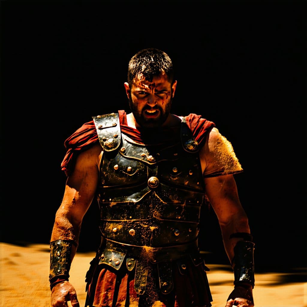 AI generated: The gladiator stands after the battle, fear and horror on his face, tired and beaten, sand on his fa...