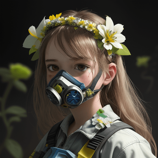 AI generated: 1 girl, transparent respirator on face, flowers growing out of girl's mouth, flowers growing on resp...