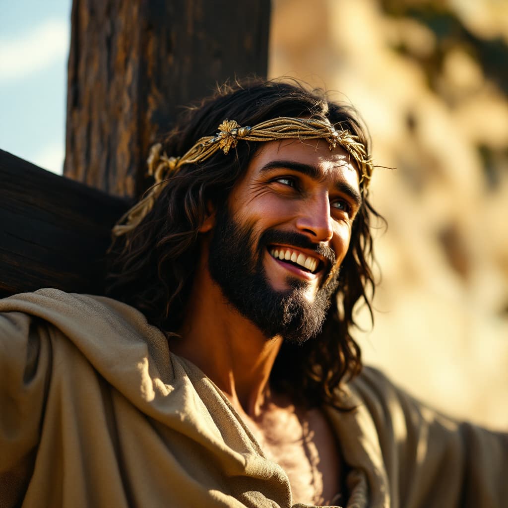 AI generated: Jezus on a cross with a smile on his face.