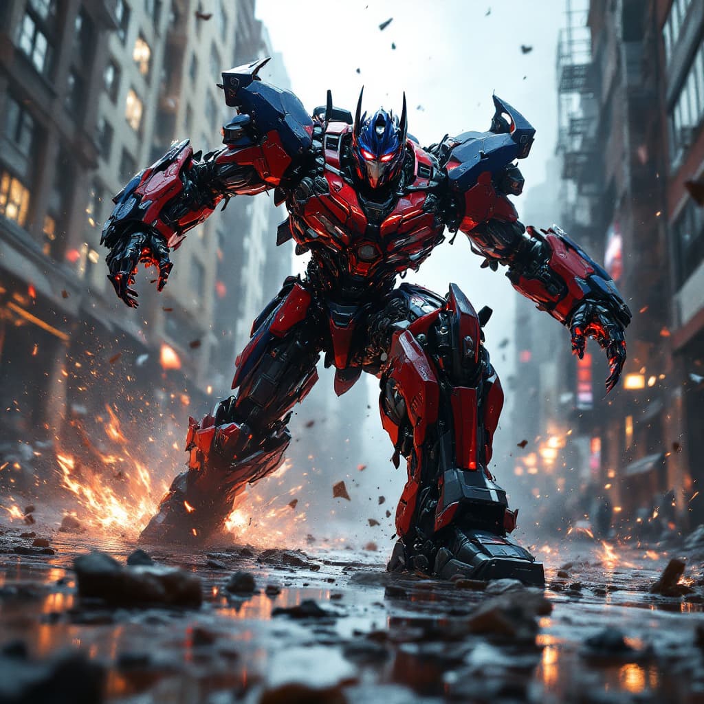 AI generated: painting style, urbanpunk, low angle shot, a cybernetic samurai Optimus Prime in a post-apocalyptic ...